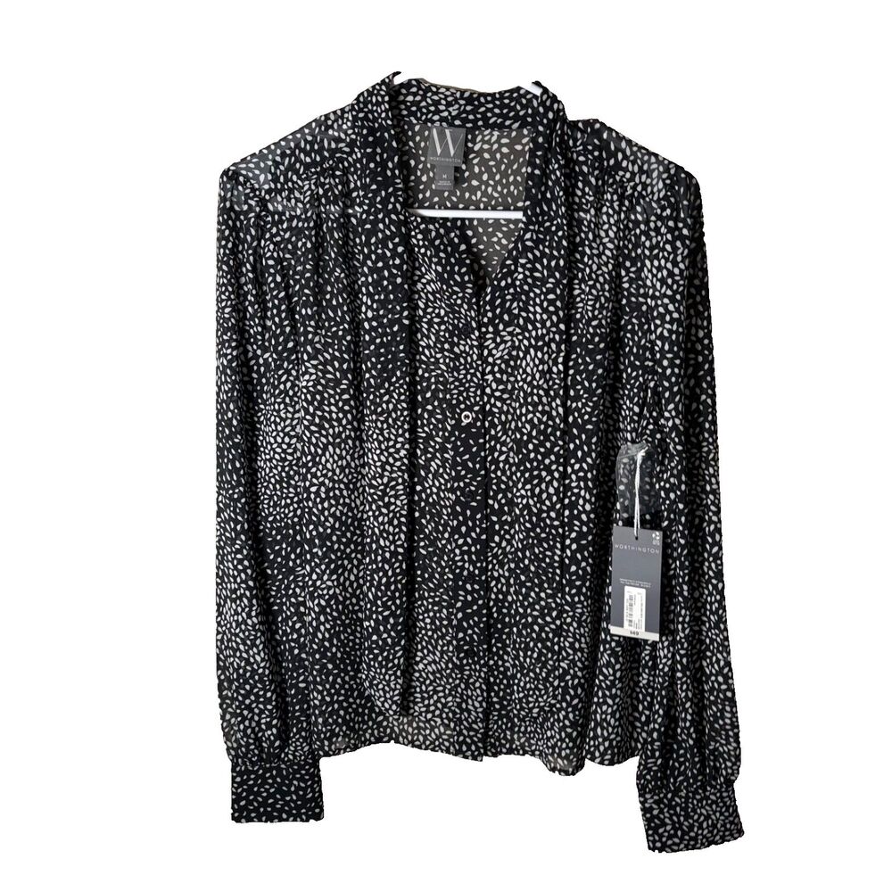 Worthington Blouse Women's Medium Sheer Button Up Tie Long Sleeve Printed NWT